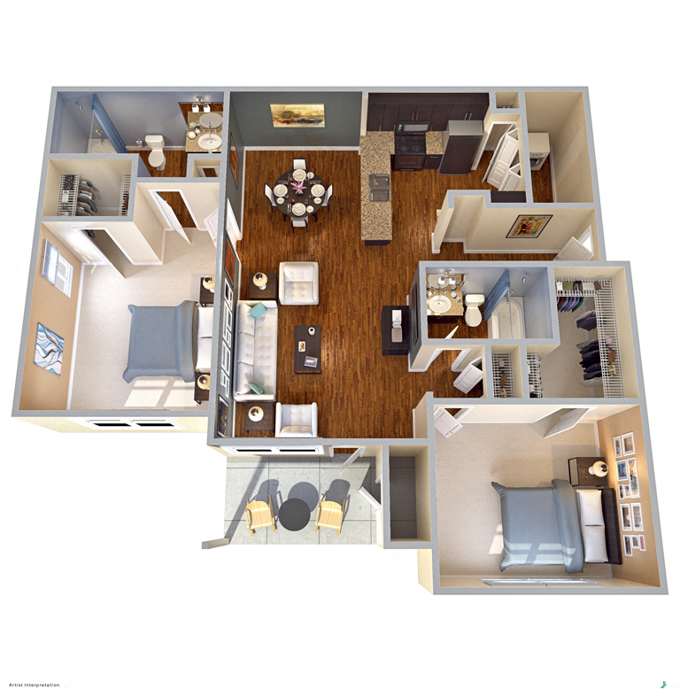 Floor plan for 2 beds, 2 baths, 1122 sqft